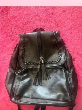 Black Faux Leather Backpack with Braided Tassel Accent